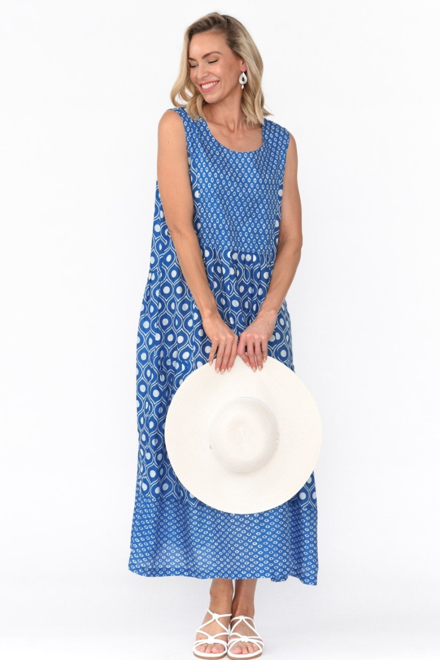 Clothing Mozaic Midi Dresses | Serena Blue Circle Cotton Dress