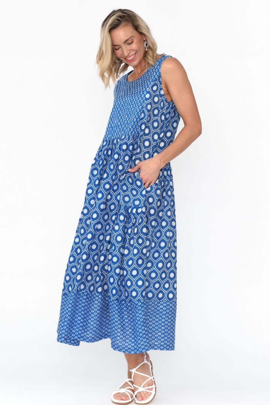 Clothing Mozaic Midi Dresses | Serena Blue Circle Cotton Dress