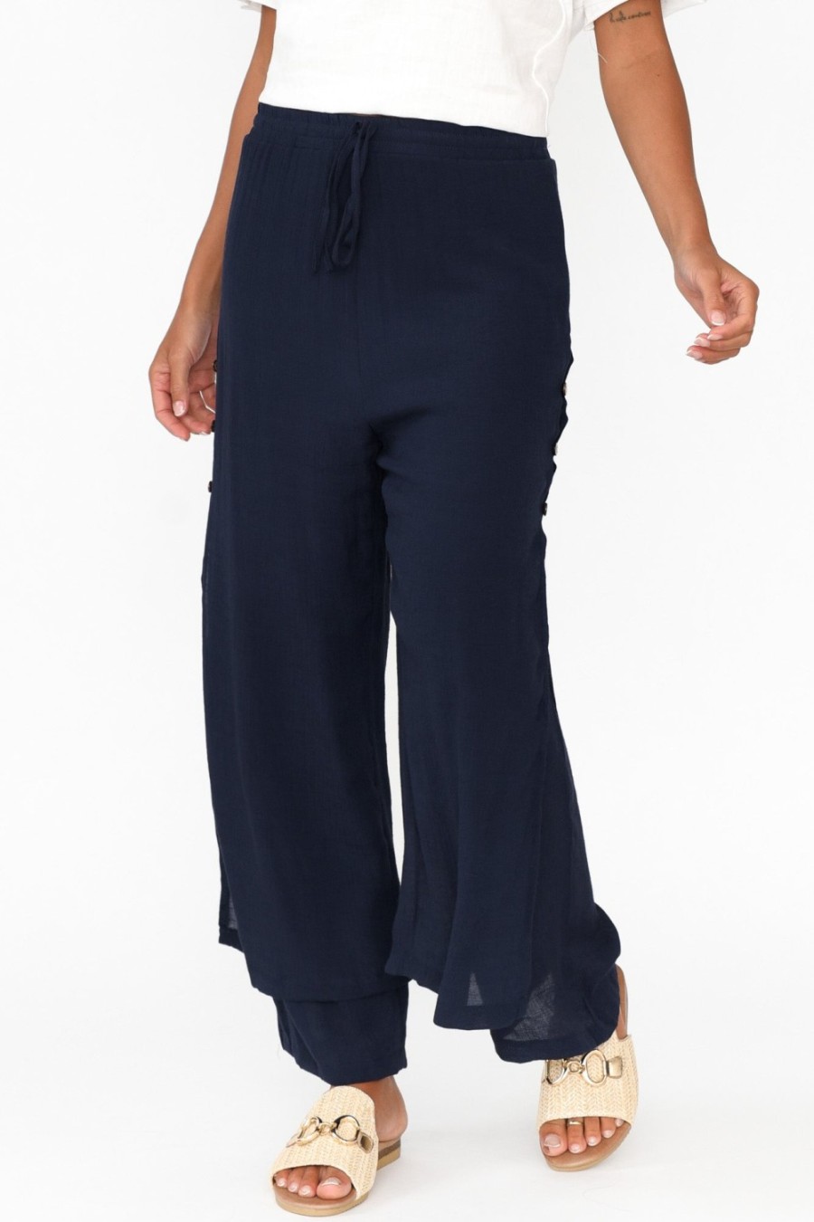 Clothing La Mode Pants | Aida Navy Cotton Blend Layered Pant