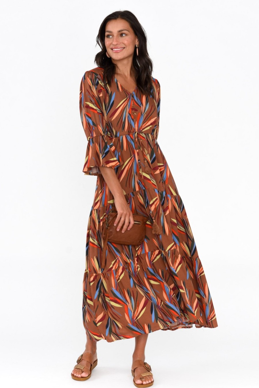 Clothing Willow Tree Midi Dresses | Howard Brown Leaf Tassel Tie Dress