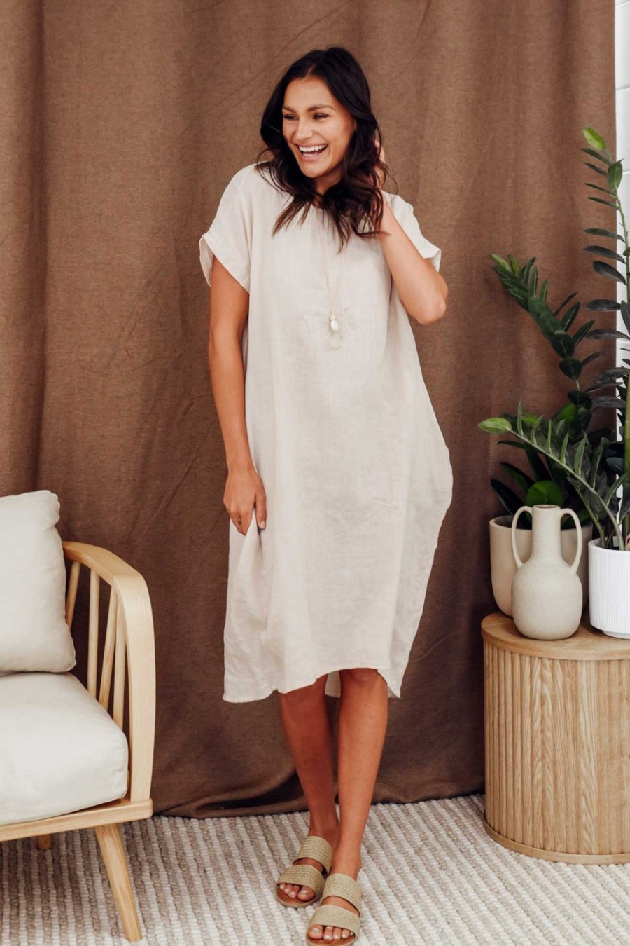 Clothing Cali and Co Linen Dresses | Rudy Natural Linen Pocket Dress