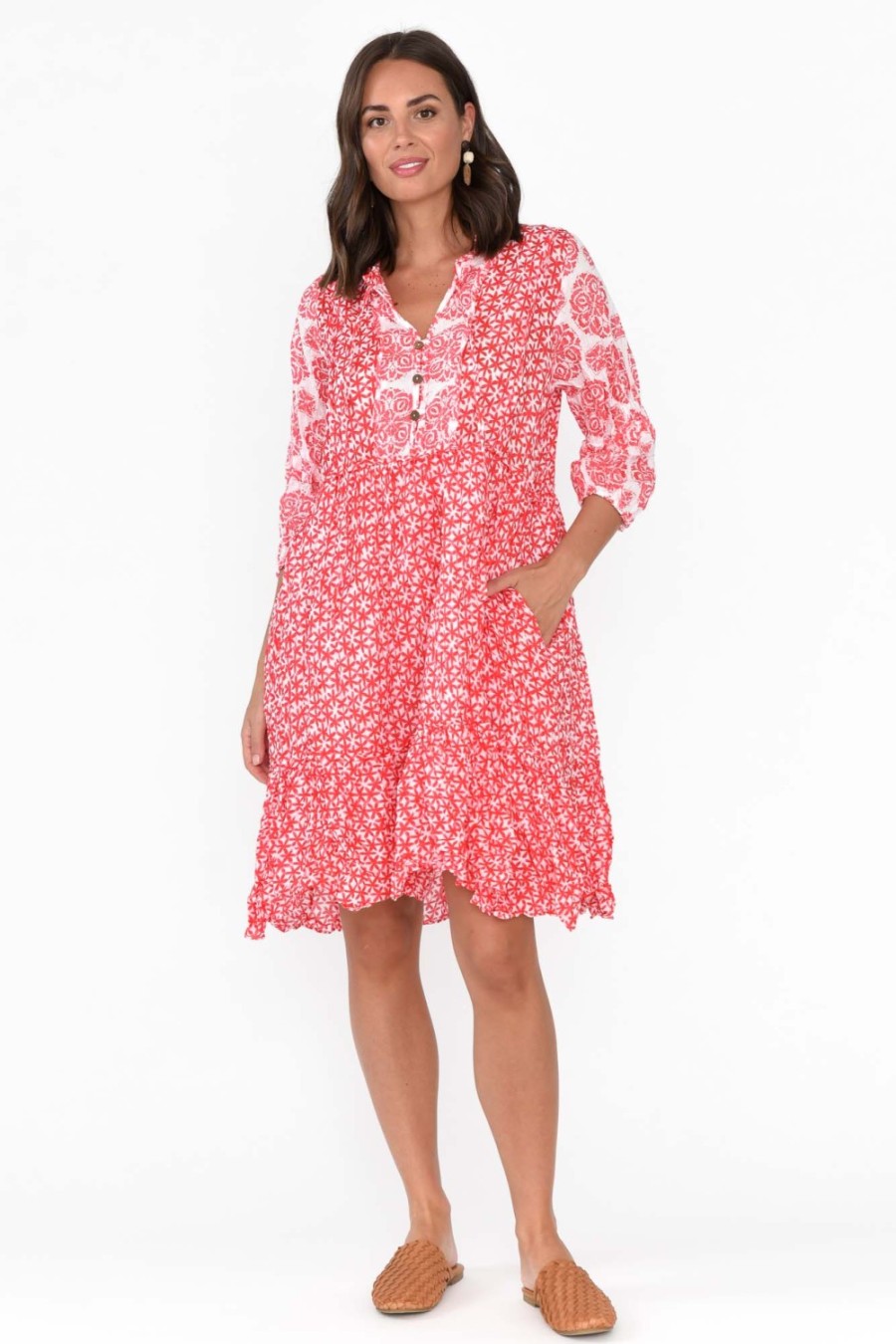 Clothing Namastai Cotton Dresses | Oakwood Red Flower Cotton Puff Sleeve Dress