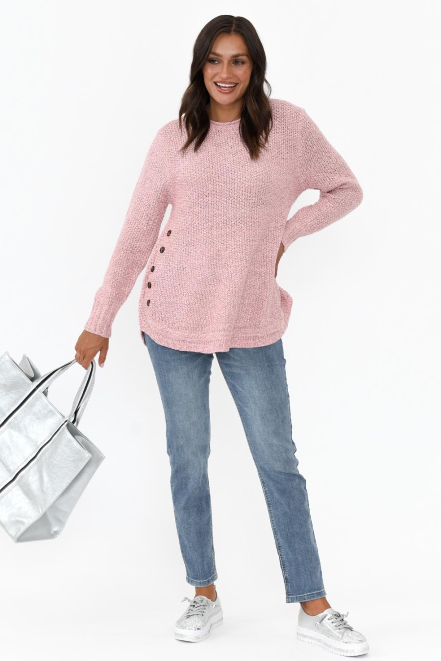 Clothing Willow Tree Cotton Tops | Lucas Pink Knit Button Jumper