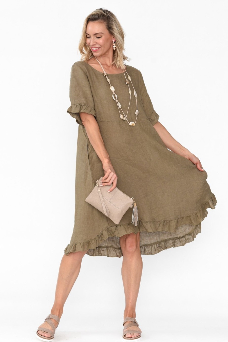 Clothing Cali and Co Above Knee Dresses | Elodie Khaki Linen Frill Dress