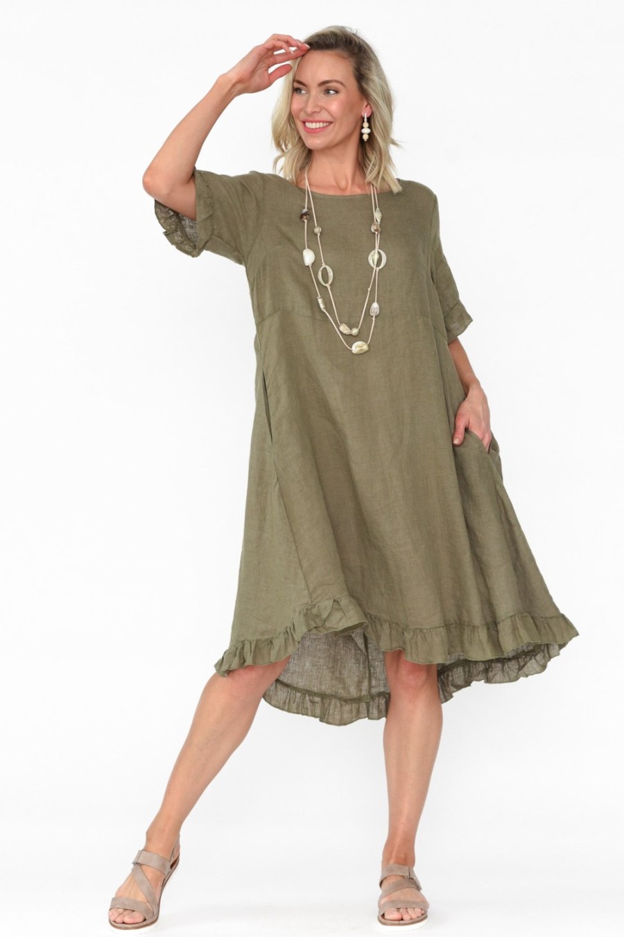 Clothing Cali and Co Above Knee Dresses | Elodie Khaki Linen Frill Dress