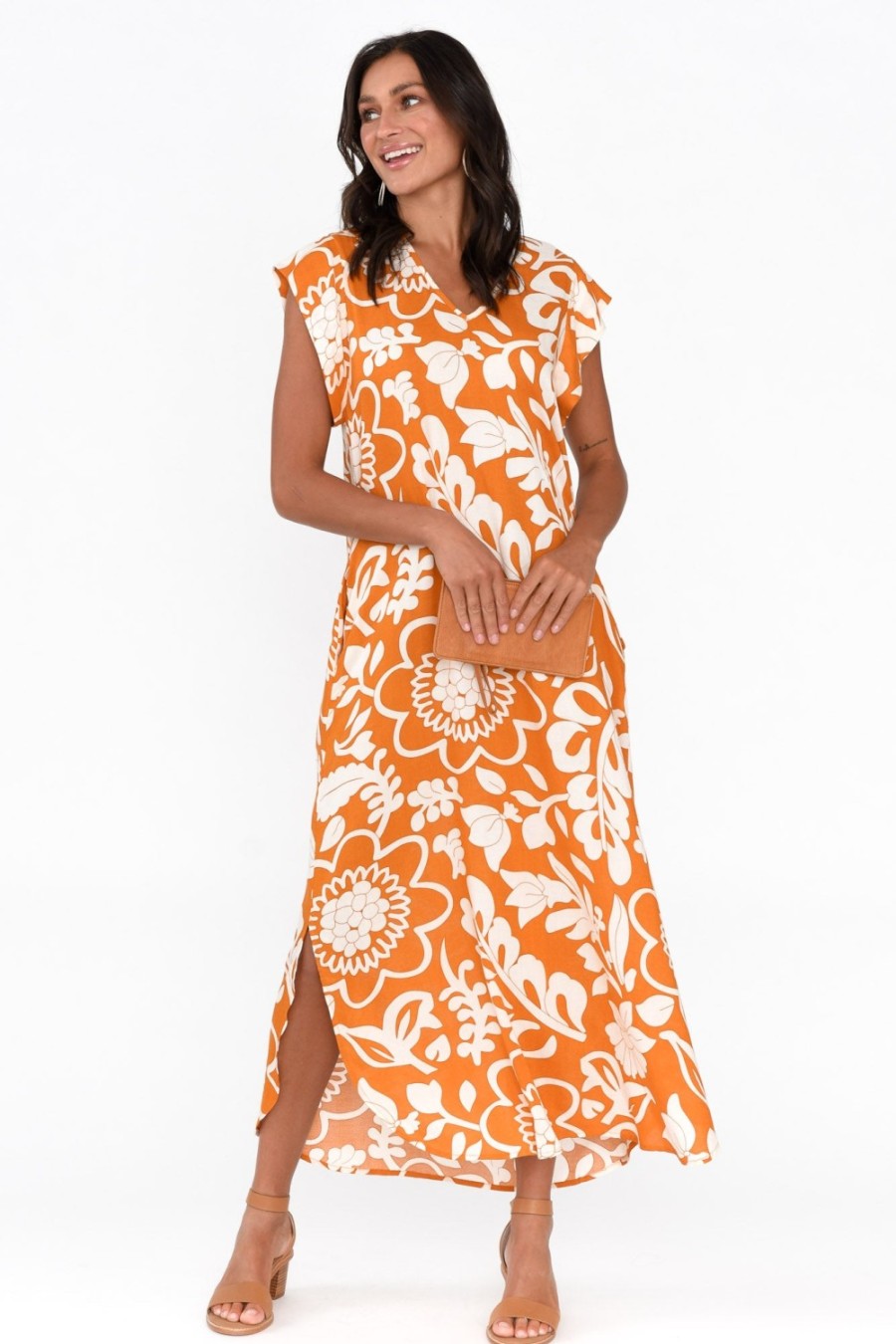 Clothing Shanty Midi Dresses | Sebou Orange Garden Midi Dress