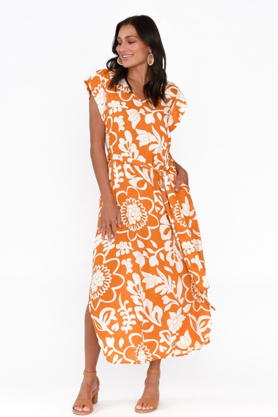 Clothing Shanty Midi Dresses | Sebou Orange Garden Midi Dress