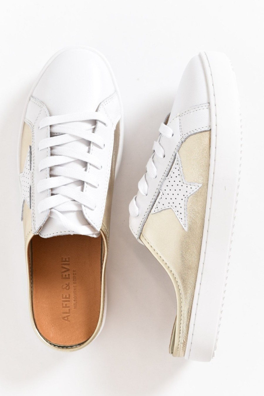 Shoes Alfie and Evie Leather Sneakers | Vango Gold White Leather Mule Sneaker