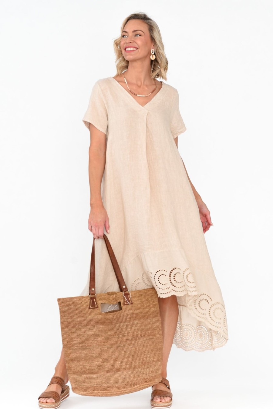 Clothing Fabuler Midi Dresses | Ravella Beige Linen V Neck Dress