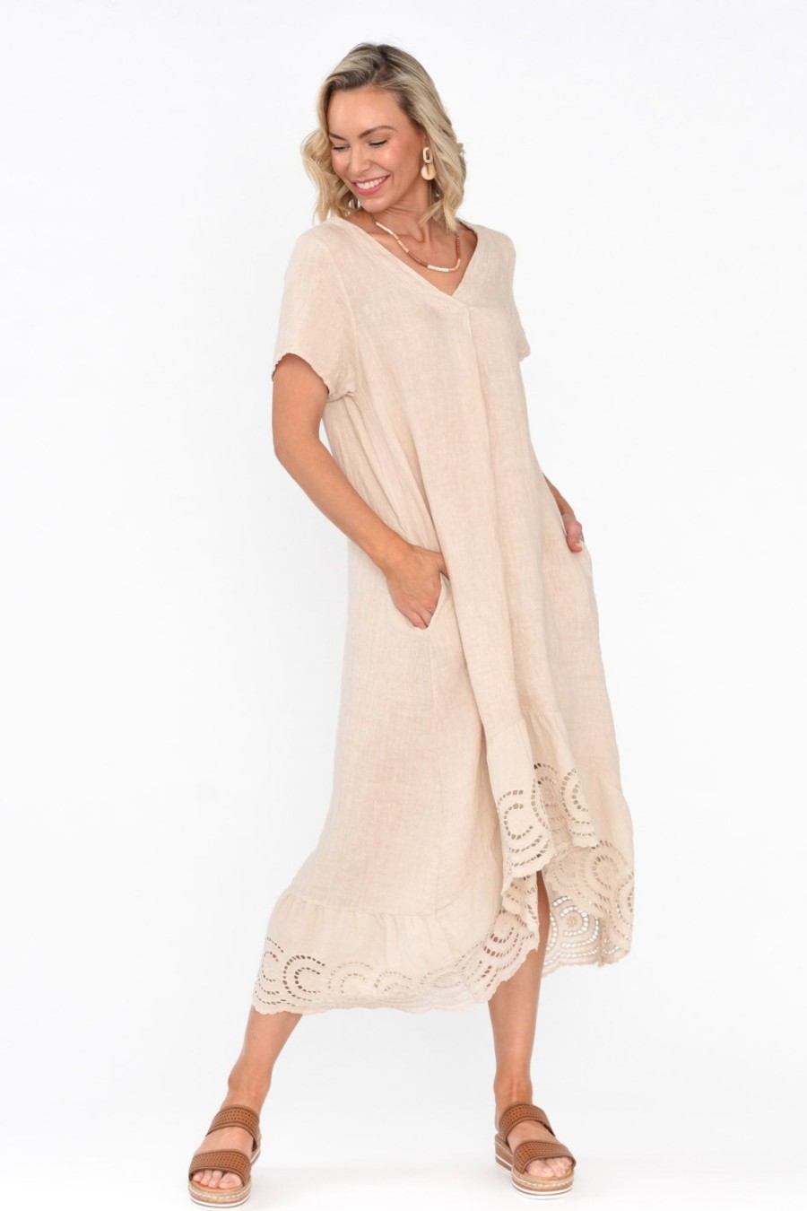 Clothing Fabuler Midi Dresses | Ravella Beige Linen V Neck Dress