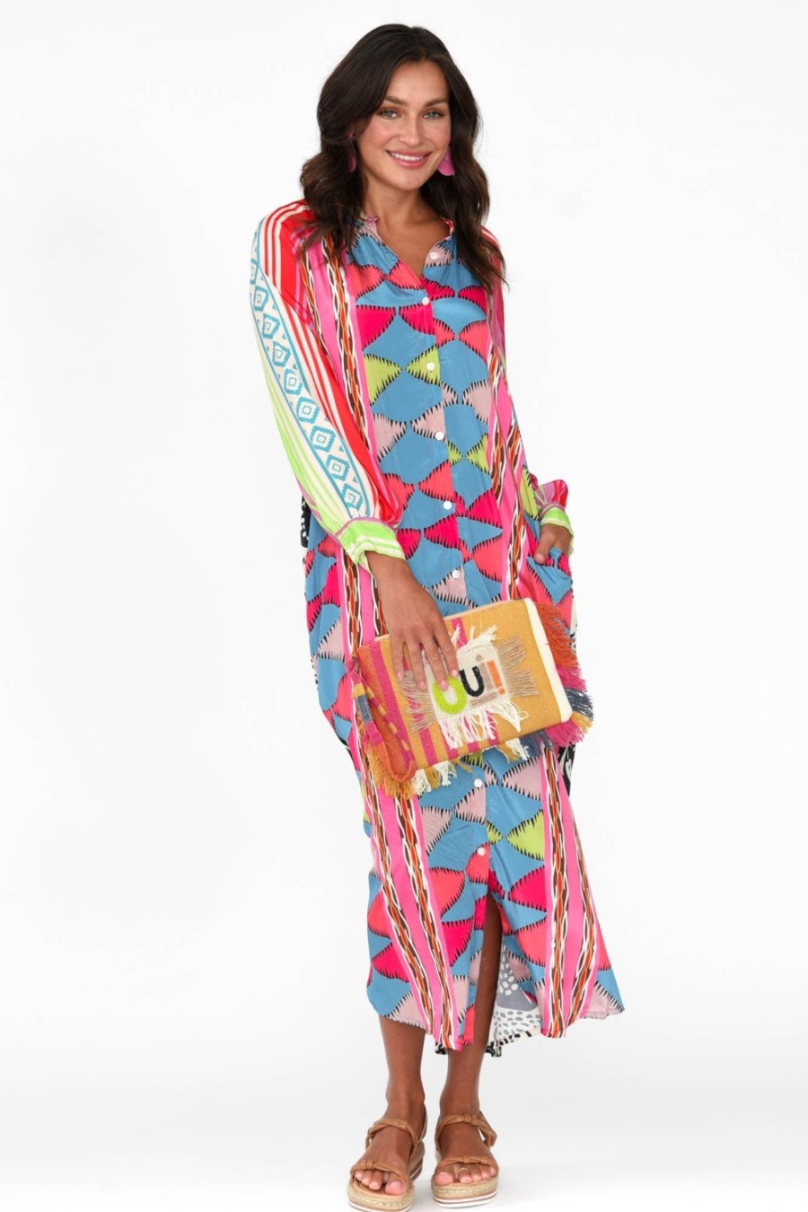 Clothing Italian Star Maxi Dresses | Maeva Blue Aztec Shirt Dress