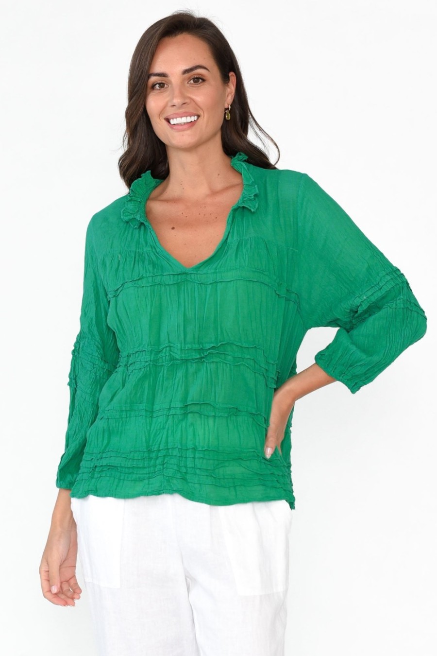 Clothing Namastai Cotton Tops | Palmer Green Cotton Long Sleeve Top