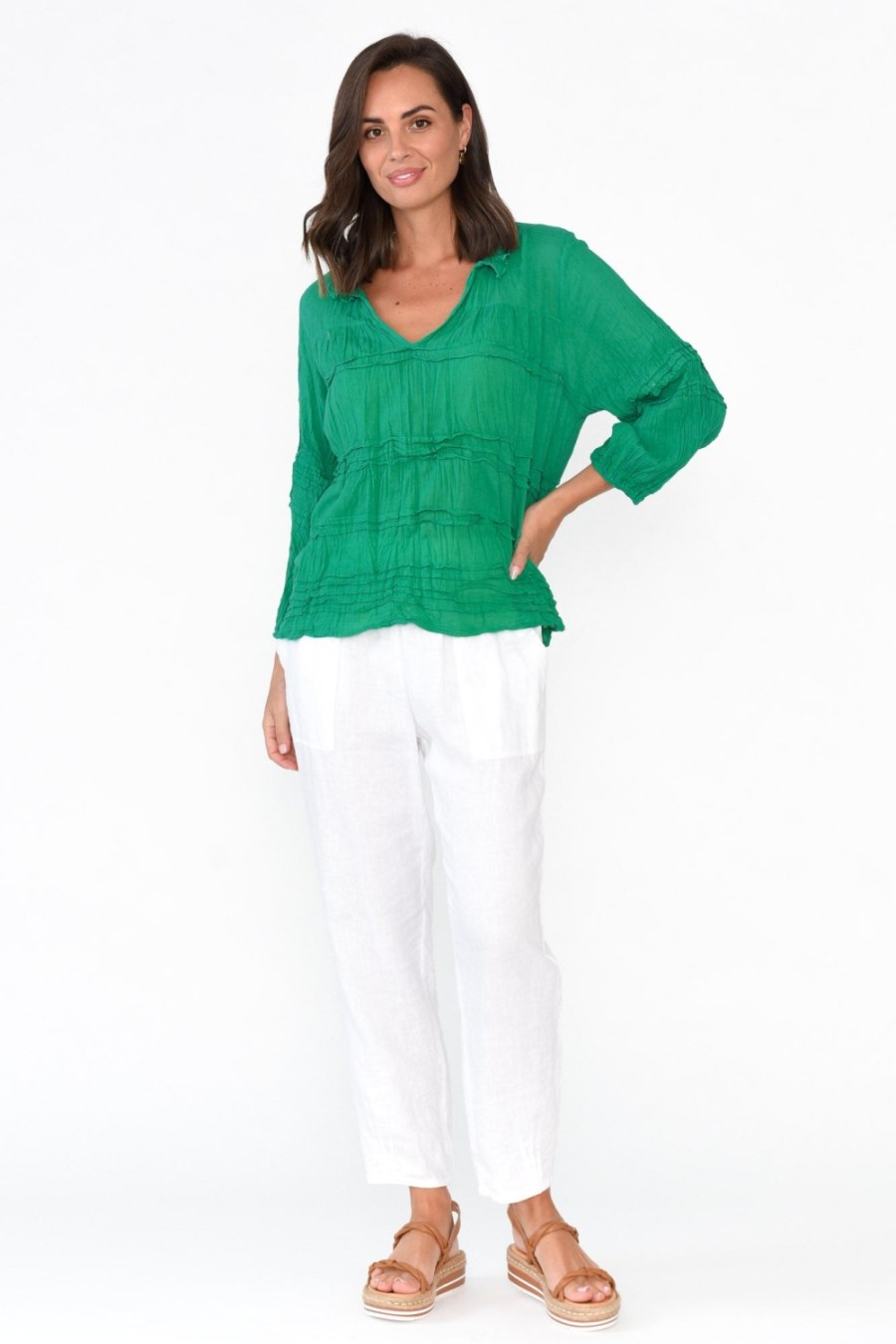 Clothing Namastai Cotton Tops | Palmer Green Cotton Long Sleeve Top