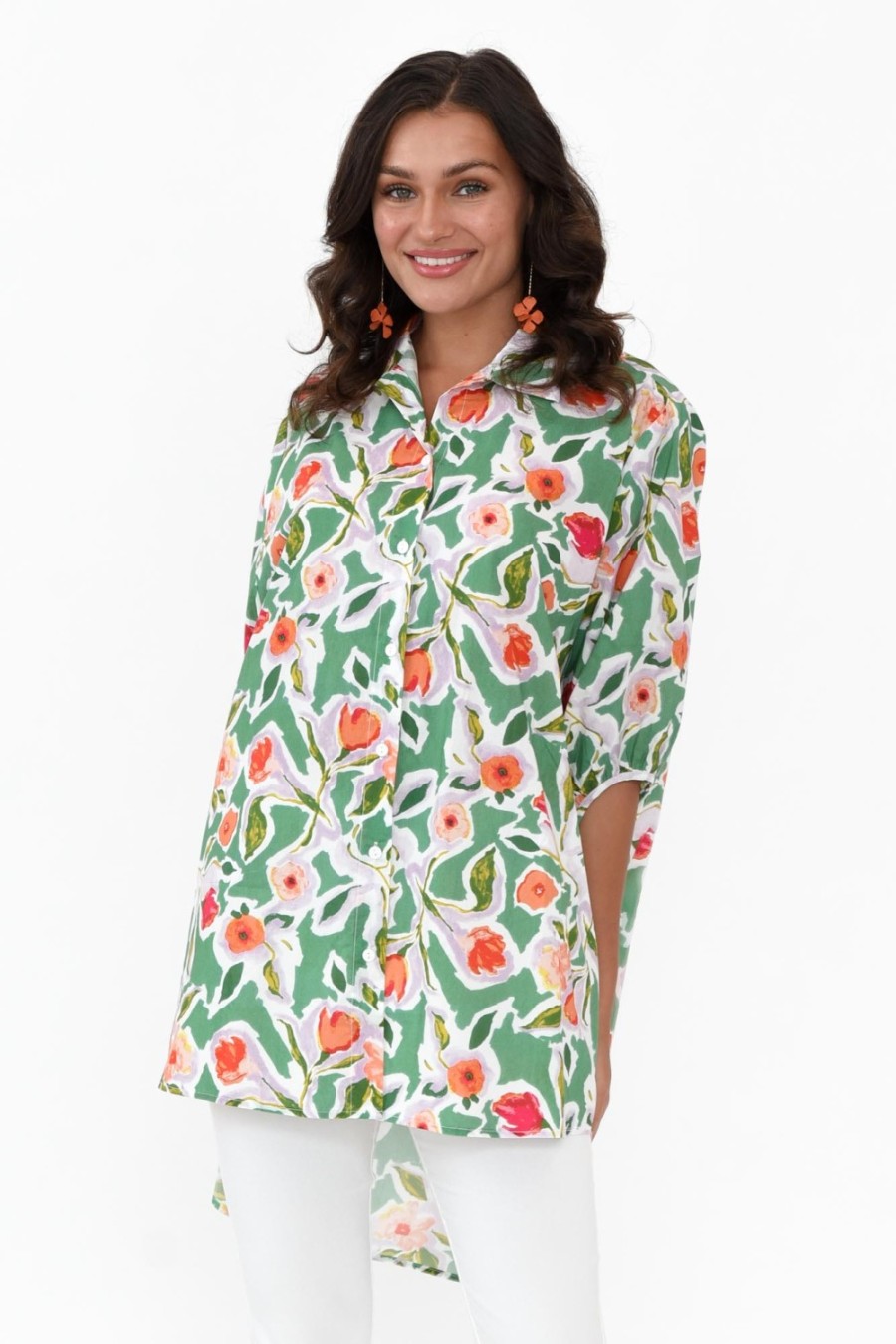 Clothing Slate the Label Cotton Tops | Sadie Green Blossom Cotton Tunic Top