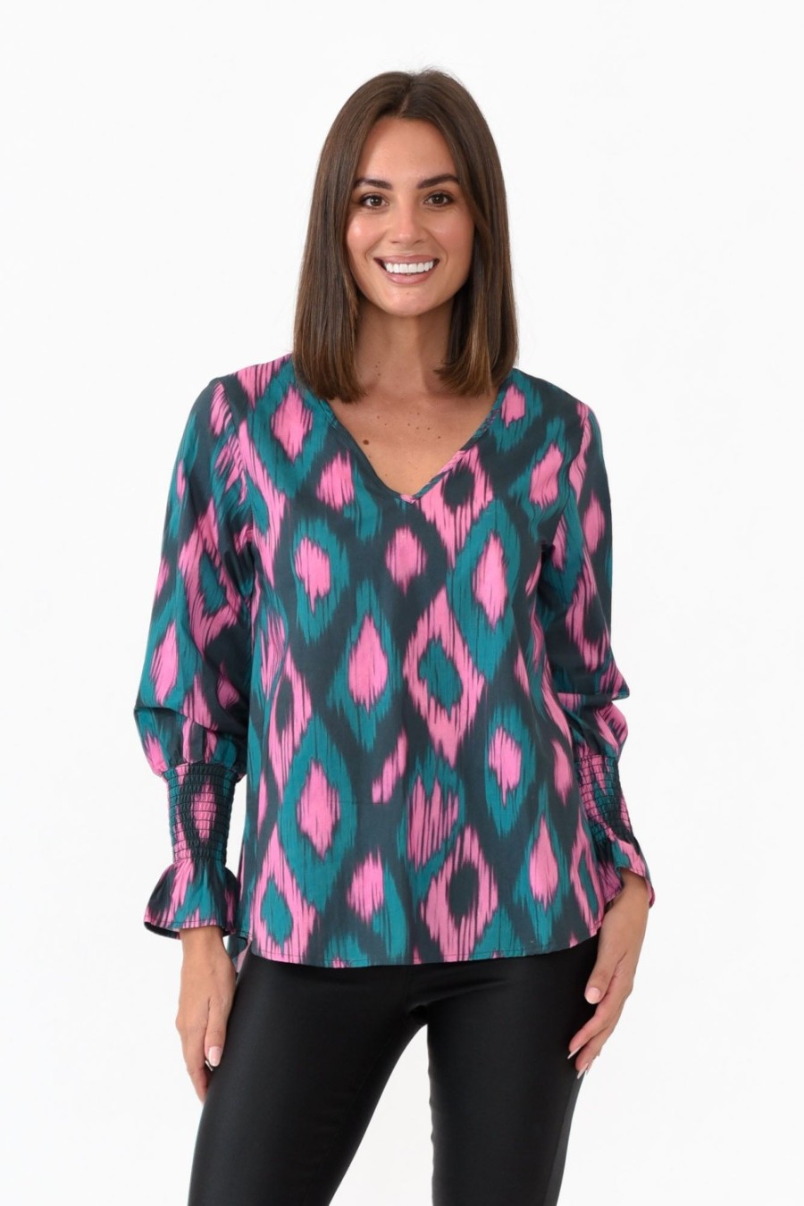 Clothing Liberty Rose Cotton Tops | Delores Teal Abstract Cotton Top