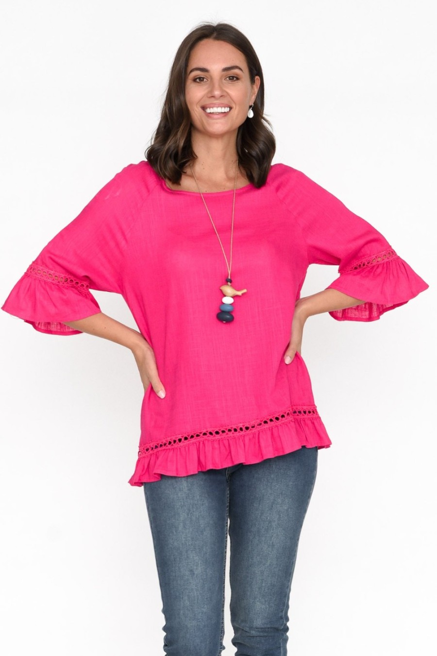 Clothing Ruby Rain Linen Tops | Tinker Hot Pink Linen Cotton Ruffle Top