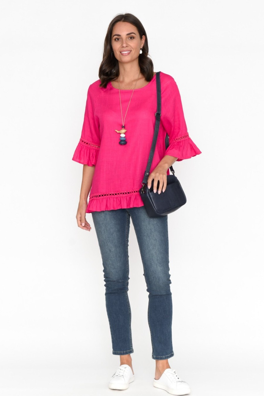 Clothing Ruby Rain Linen Tops | Tinker Hot Pink Linen Cotton Ruffle Top