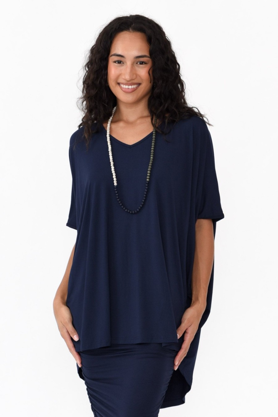 Clothing PQ Tunic Tops | Emory Navy Bamboo Hi Lo Batwing Top