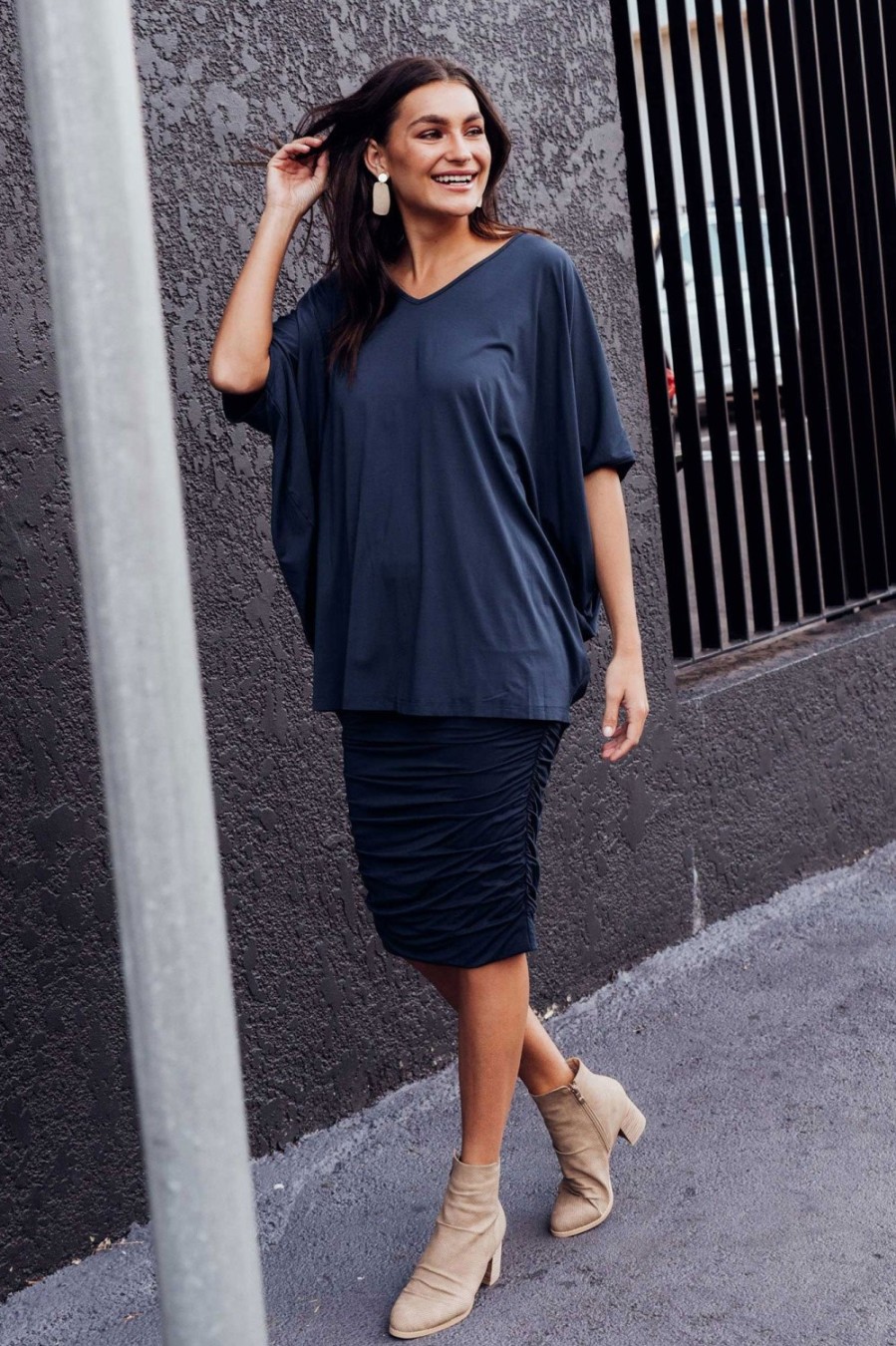 Clothing PQ Tunic Tops | Emory Navy Bamboo Hi Lo Batwing Top