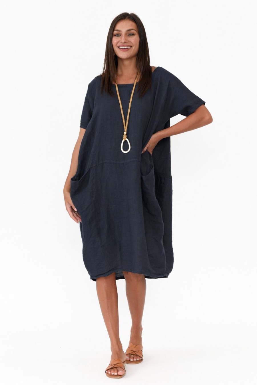 Clothing Talia Benson Linen Dresses | Ella Navy Linen Dress