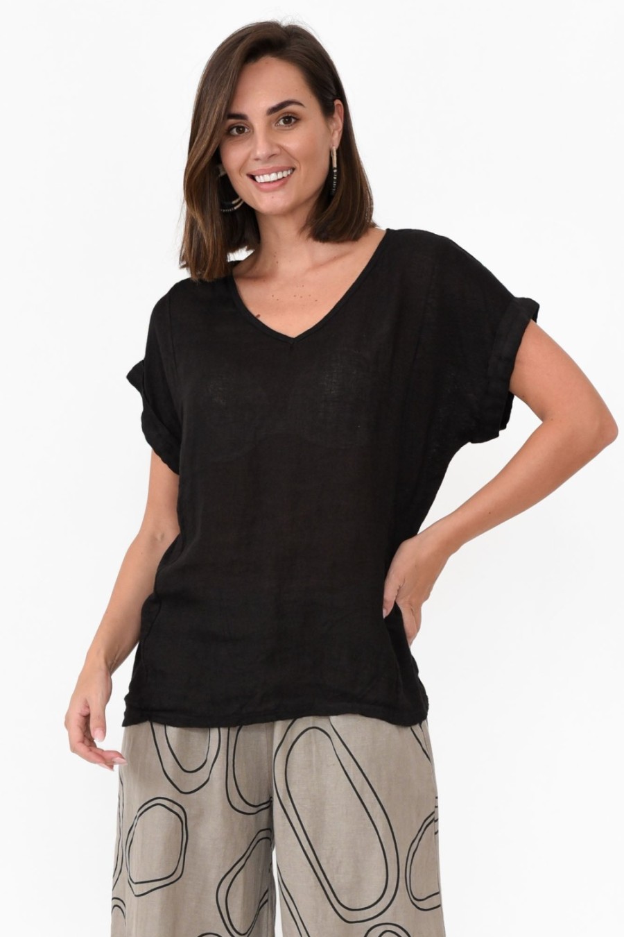 Clothing Talia Benson Linen Tops | Anna Black Linen Tee