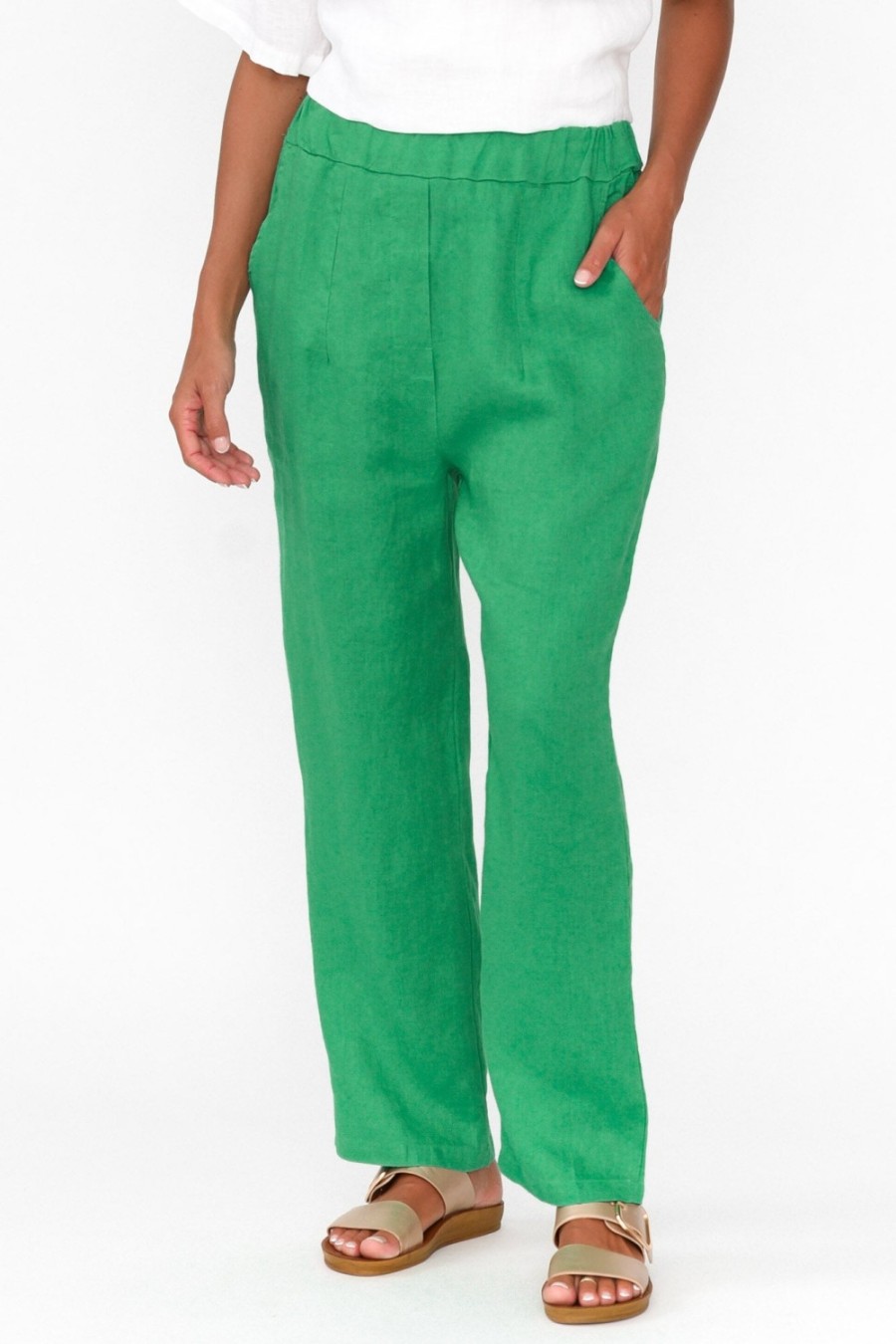 Clothing Cali and Co Pants | Marylou Green Linen Pocket Pant