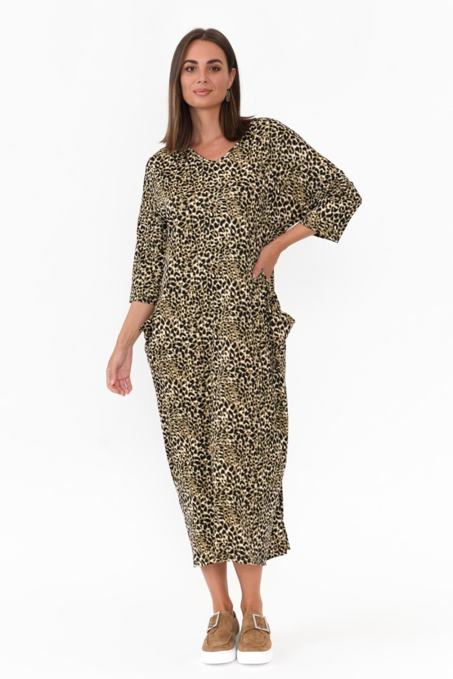 Clothing Cotton Village Maxi Dresses | Kenna Khaki Leopard Pocket Dress