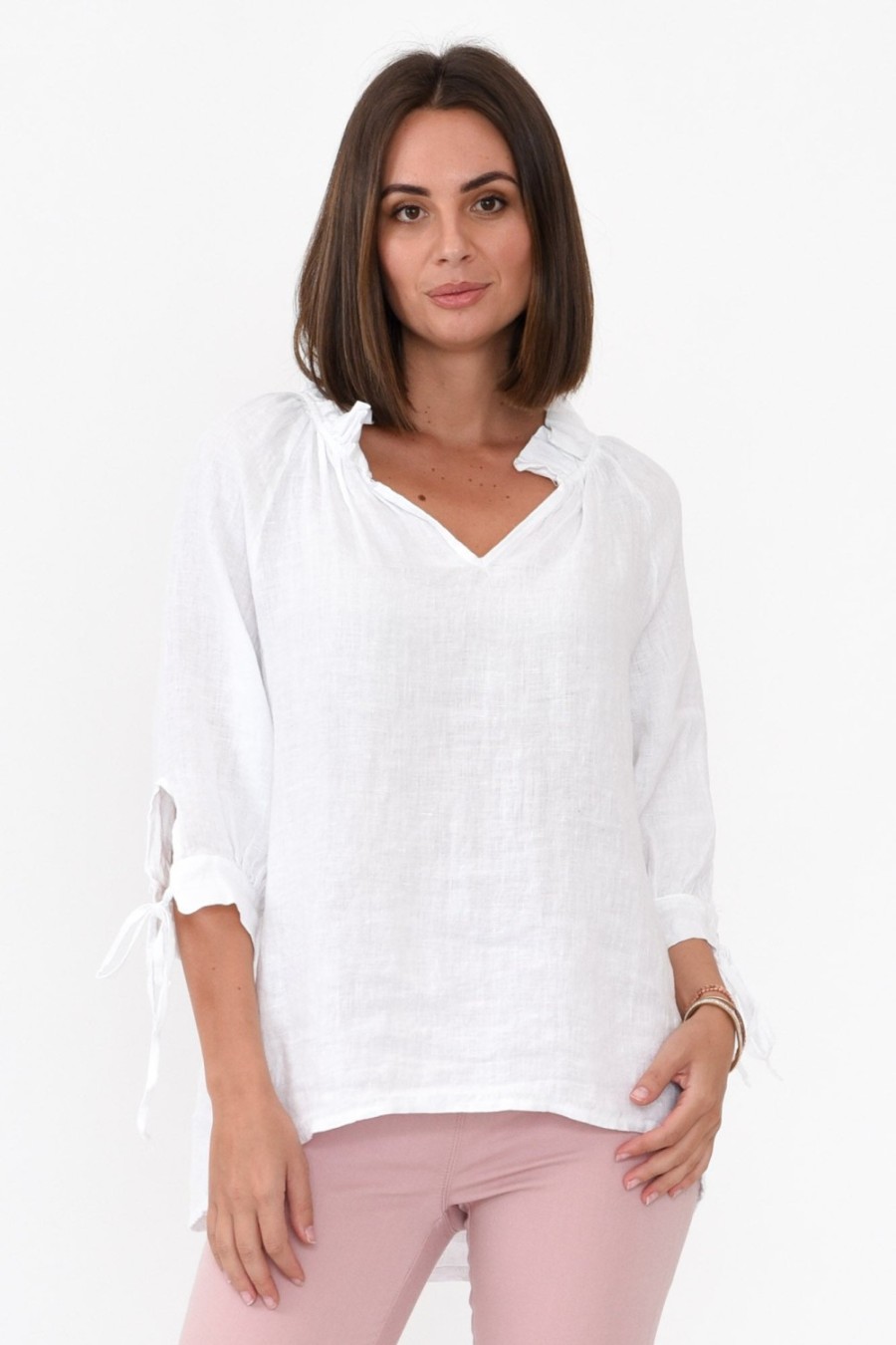 Clothing La Strada Linen Tops | Francisco White Linen Frill Top