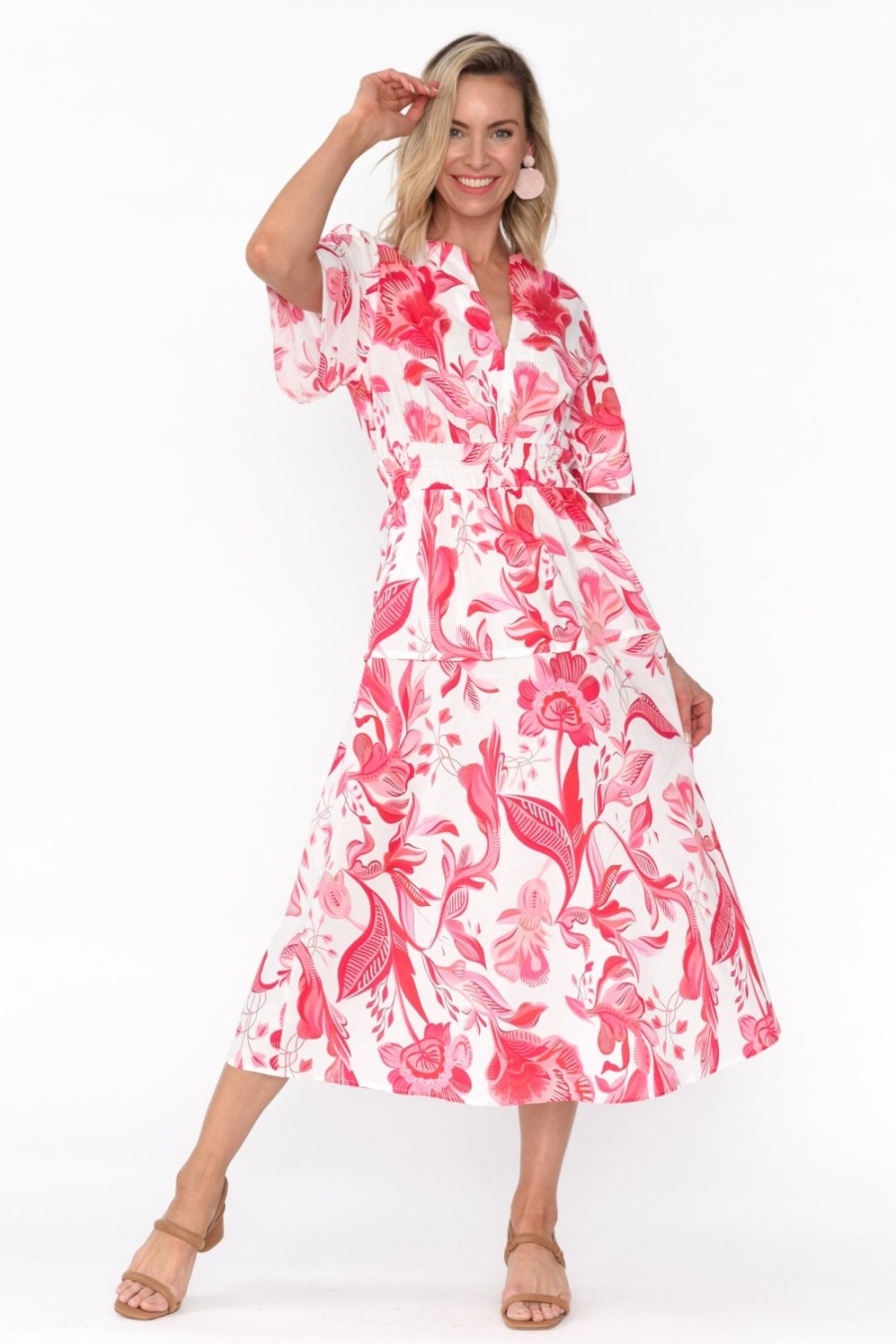 Clothing Liberty Rose Cotton Dresses | Marinda Pink Floral Cotton V Neck Dress