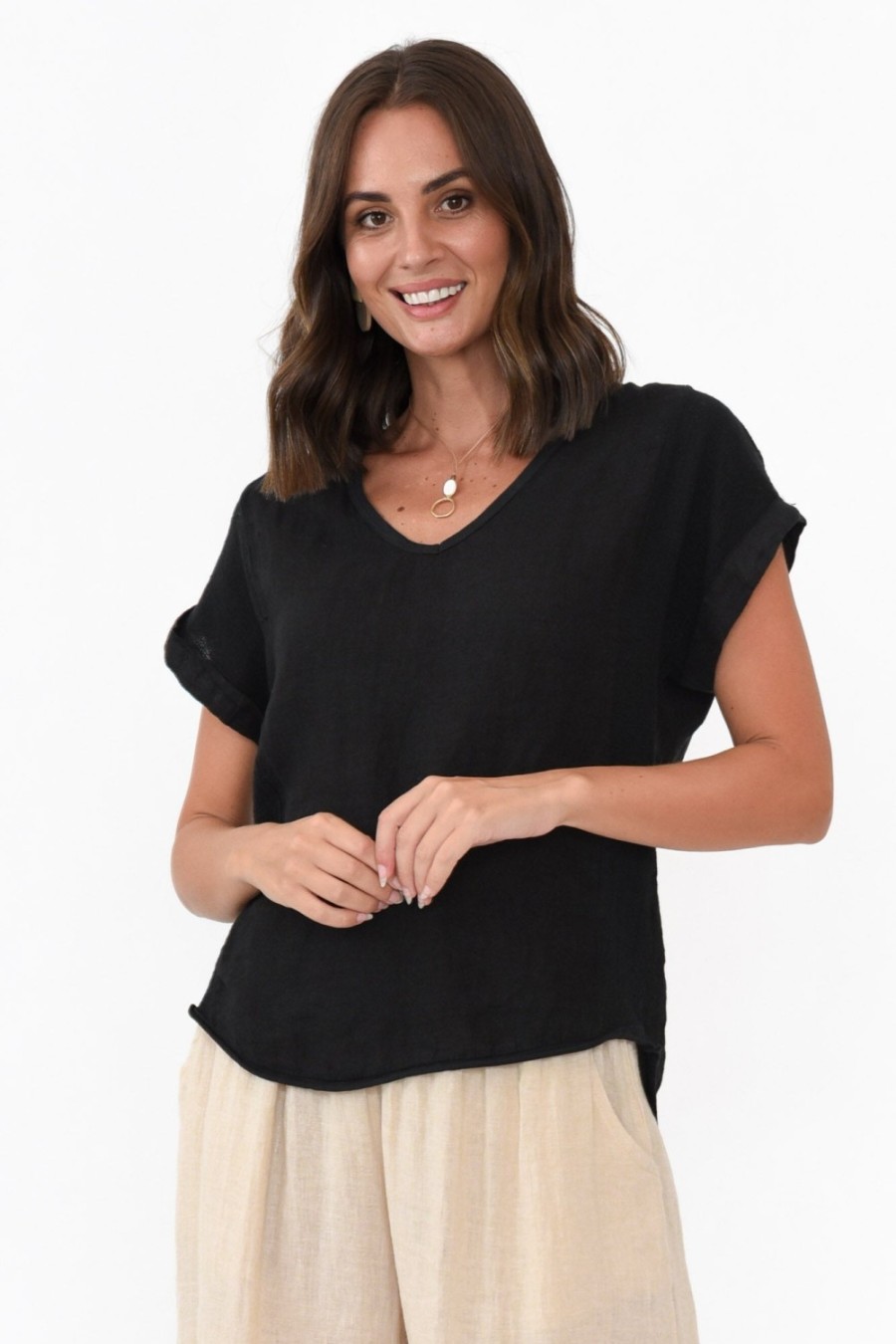 Clothing La Strada Linen Tops | Dorian Black Linen Cotton Top