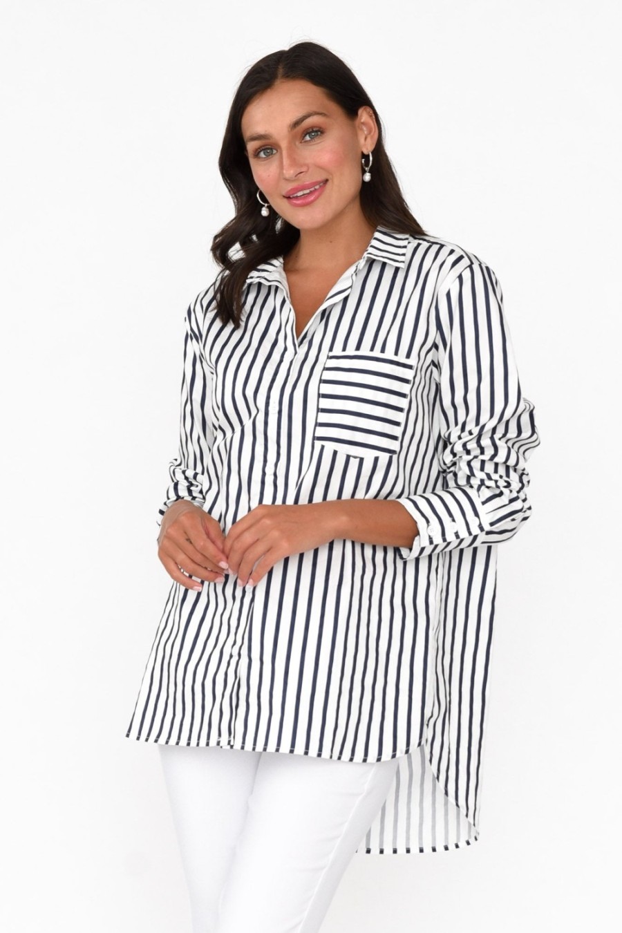 Clothing Circ The Label Cotton Tops | Merril Navy Stripe Cotton Poplin Shirt