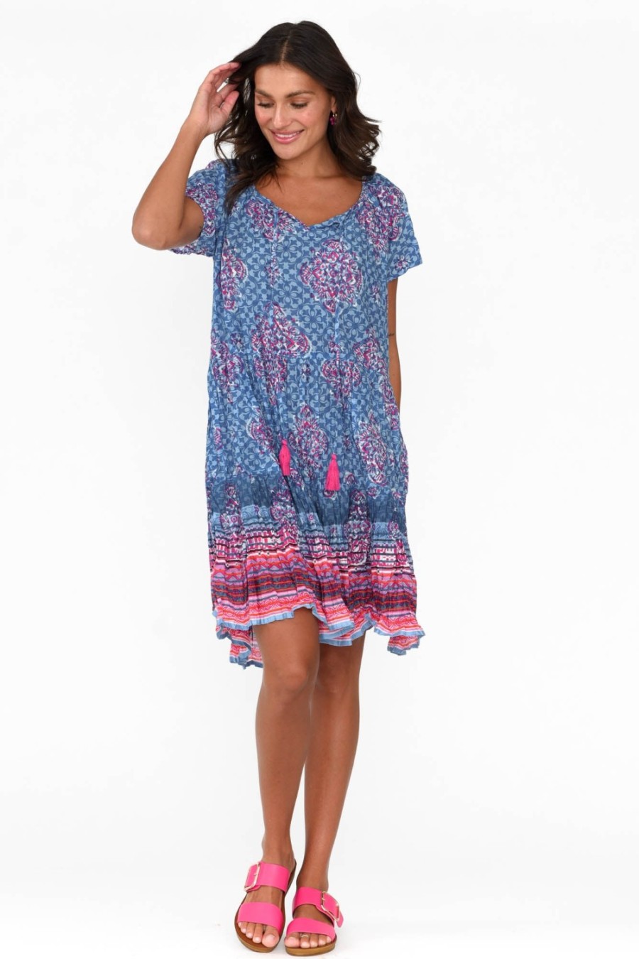 Clothing One Summer Cotton Dresses | Bessie Cobalt Geo Cotton Tier Dress