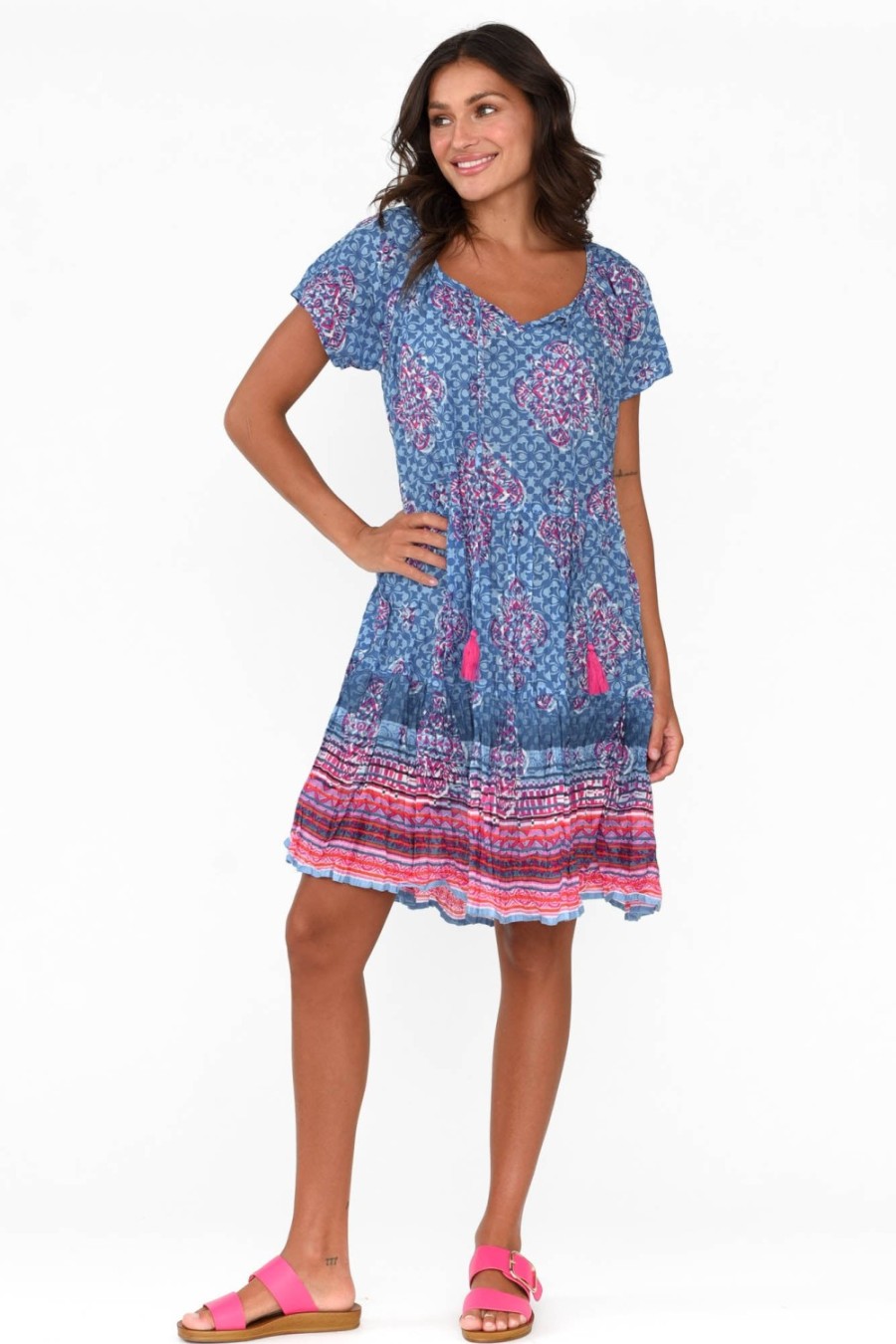 Clothing One Summer Cotton Dresses | Bessie Cobalt Geo Cotton Tier Dress