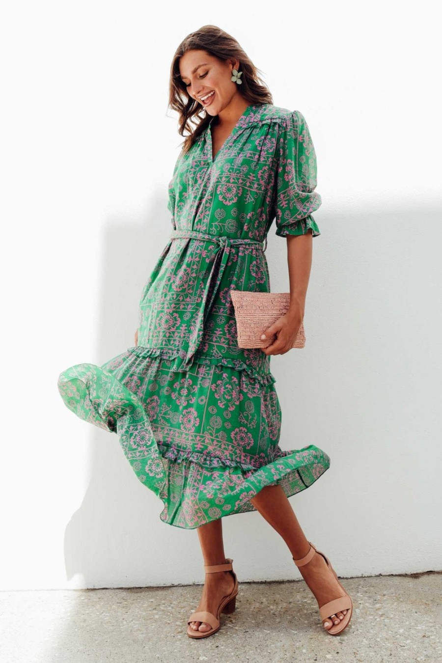 Clothing New U Collection Midi Dresses | Malcolm Green Paisley Frill Dress