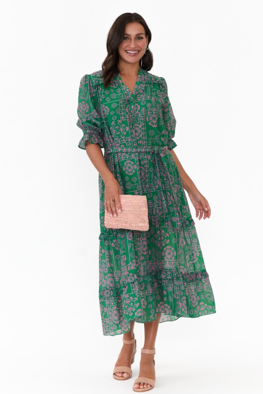 Clothing New U Collection Midi Dresses | Malcolm Green Paisley Frill Dress