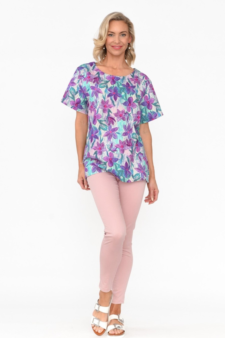 Clothing Cali and Co Linen Tops | Baraka Purple Flower Linen Top