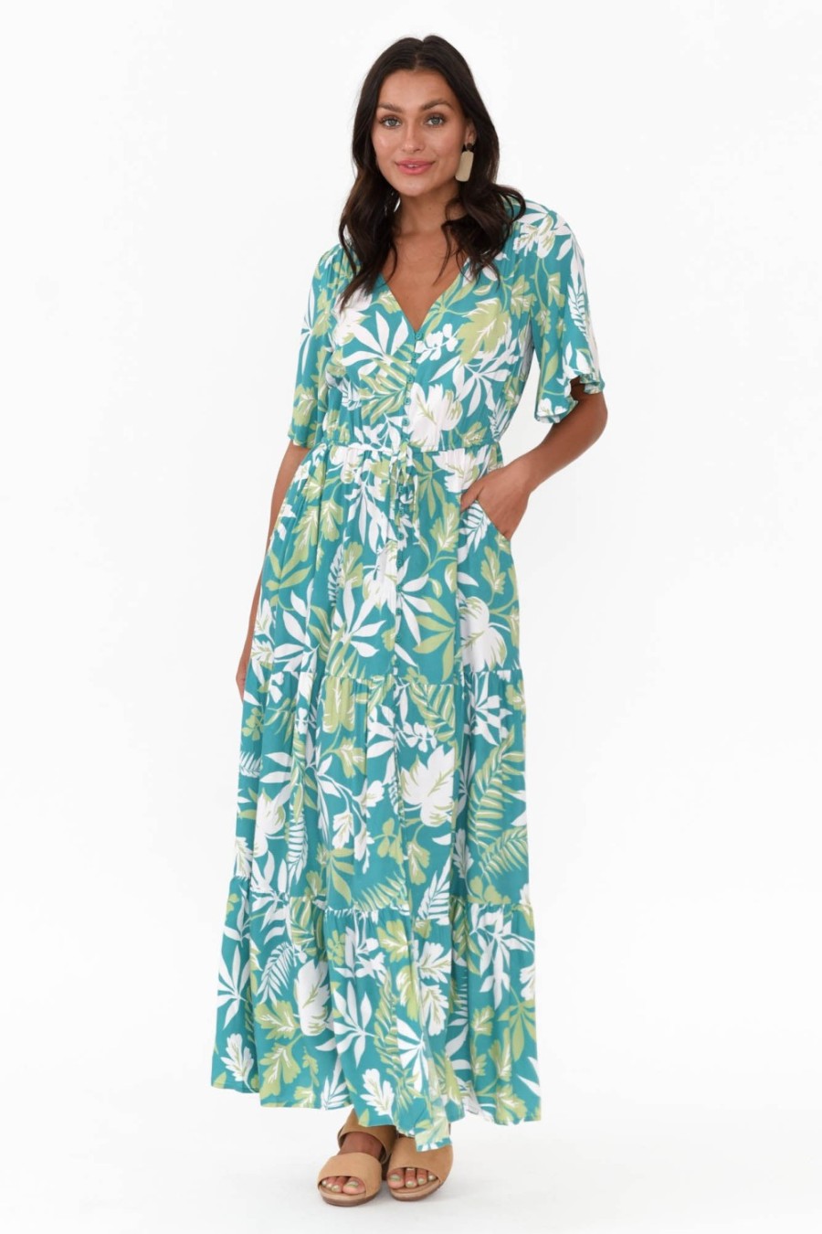 Clothing Isabella Boho Maxi Dresses | Lenora Turquoise Tropical Maxi Dress