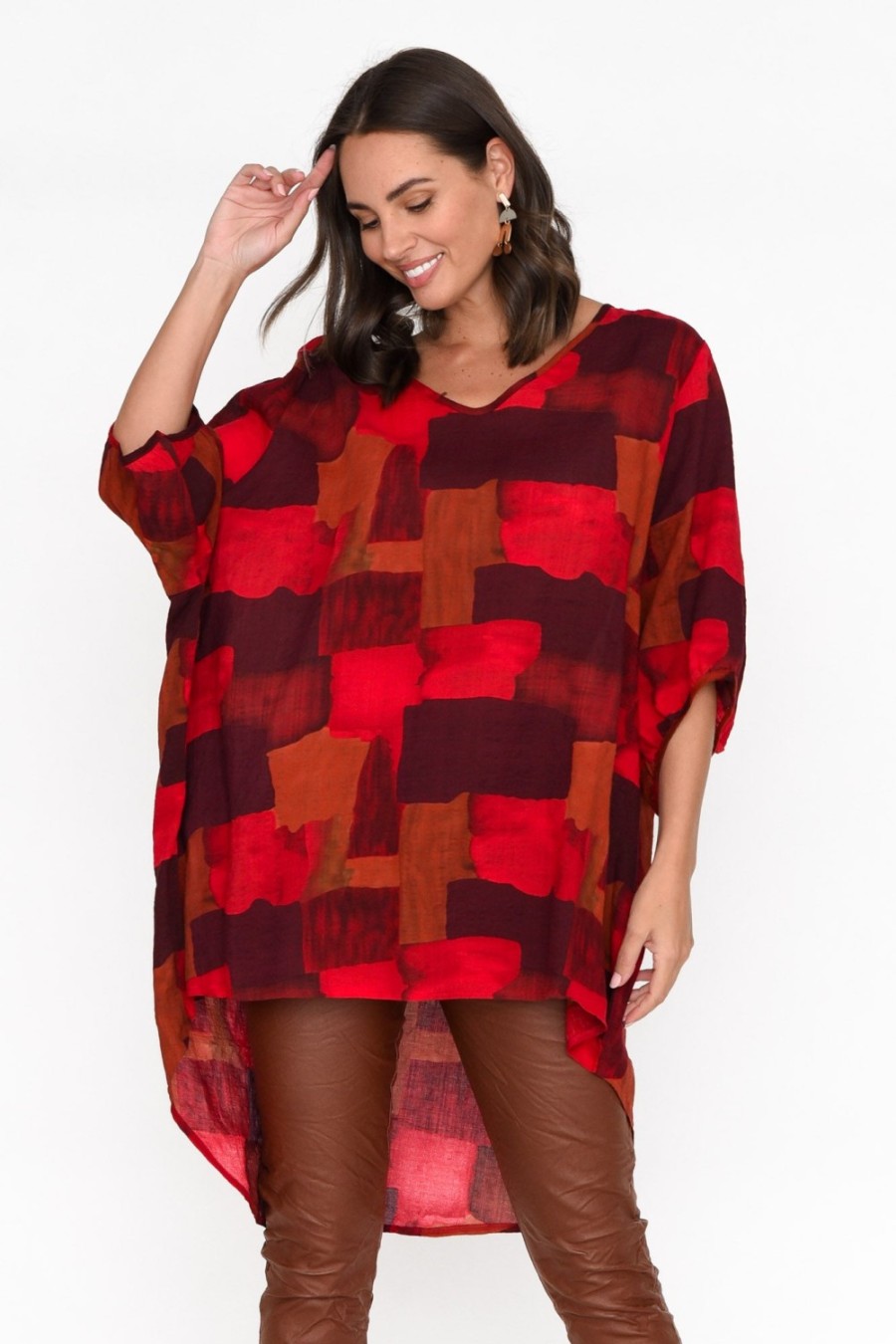 Clothing Cotton Village Cotton Tops | Abra Red Abstract Oversized Top