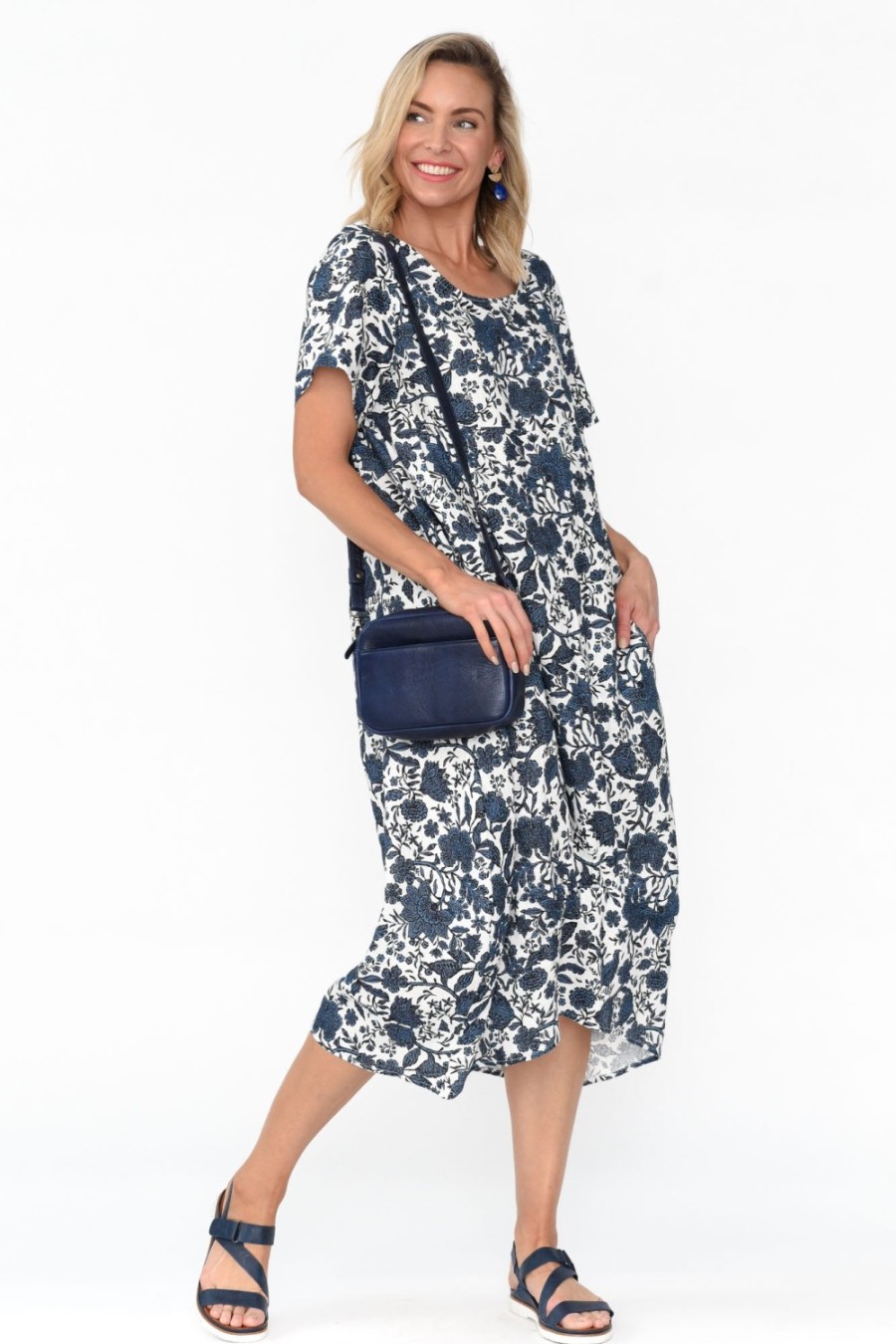 Clothing Cali and Co Linen Dresses | Mattie Navy Garden Linen Dress