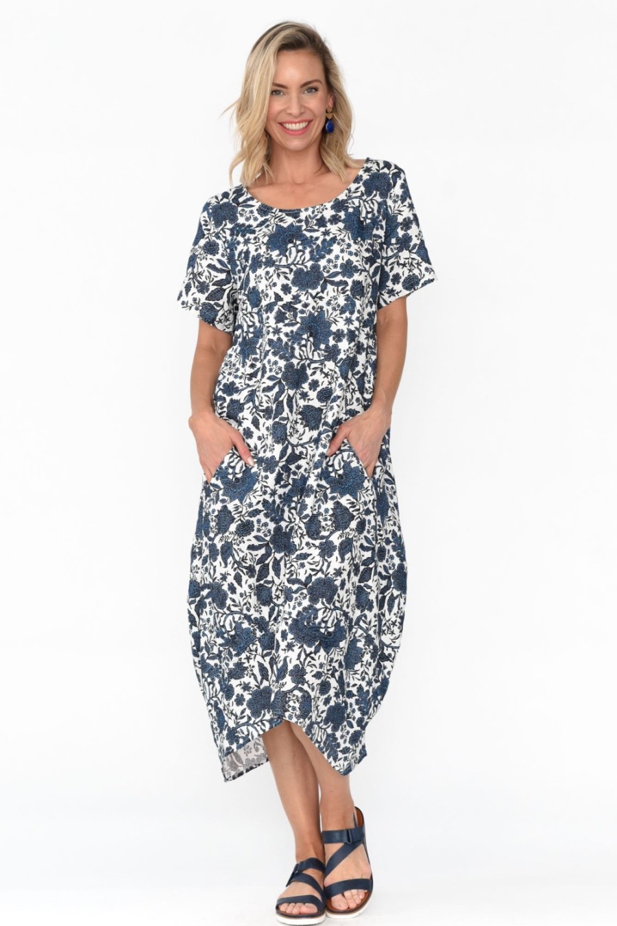 Clothing Cali and Co Linen Dresses | Mattie Navy Garden Linen Dress