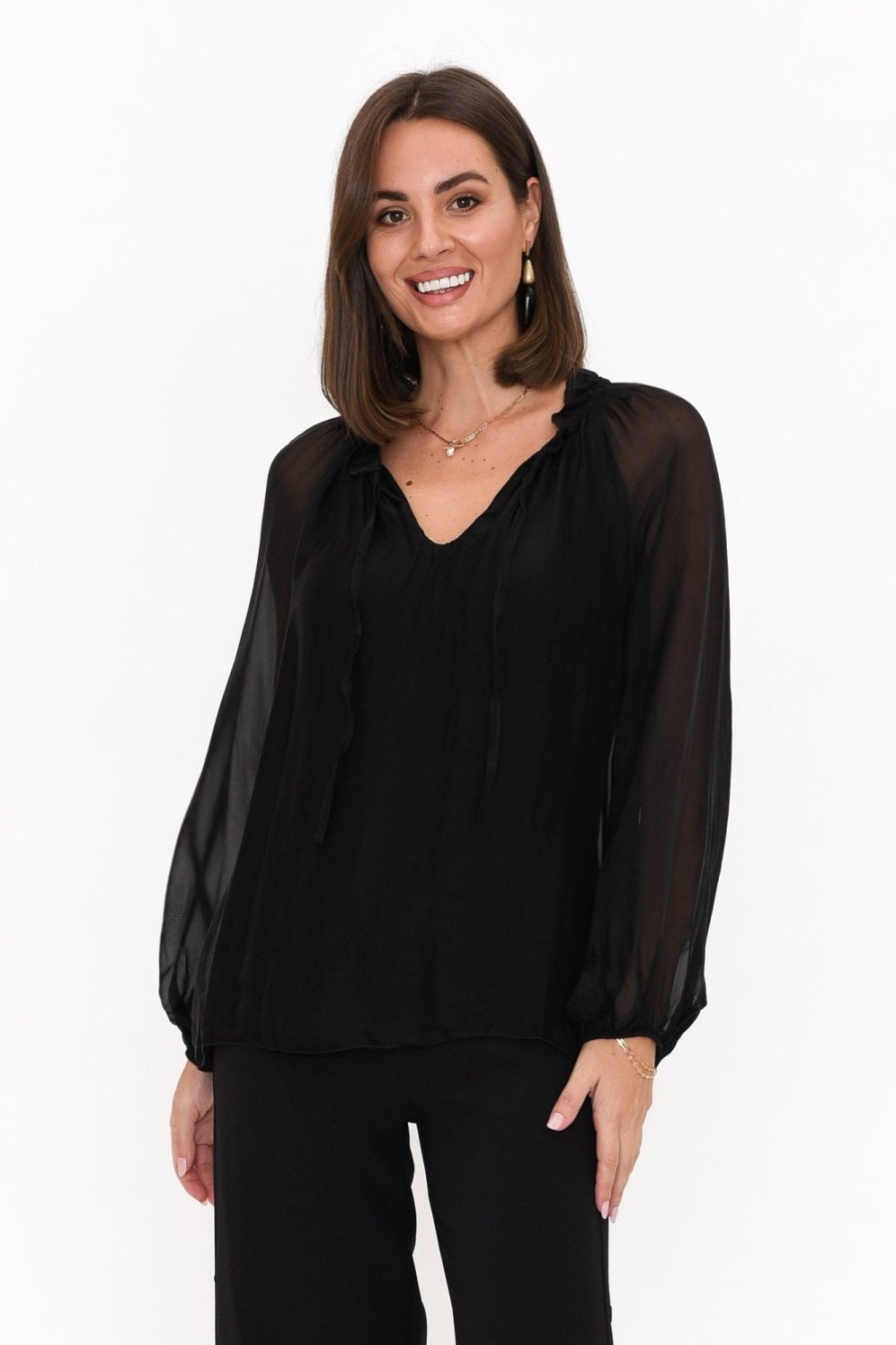 Clothing La Strada Sleeved Tops | James Black Front Tie Silk Top