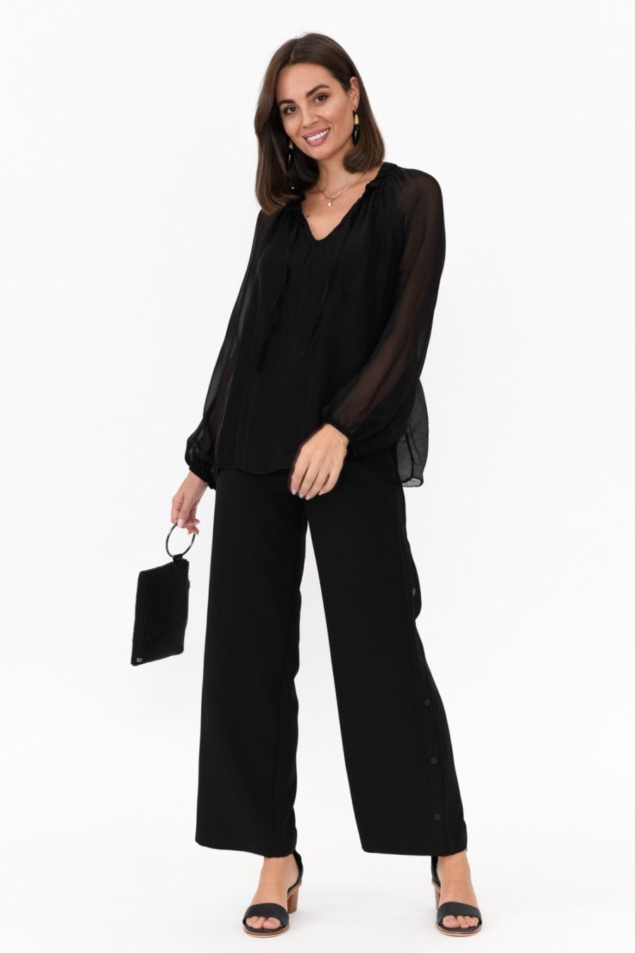 Clothing La Strada Sleeved Tops | James Black Front Tie Silk Top