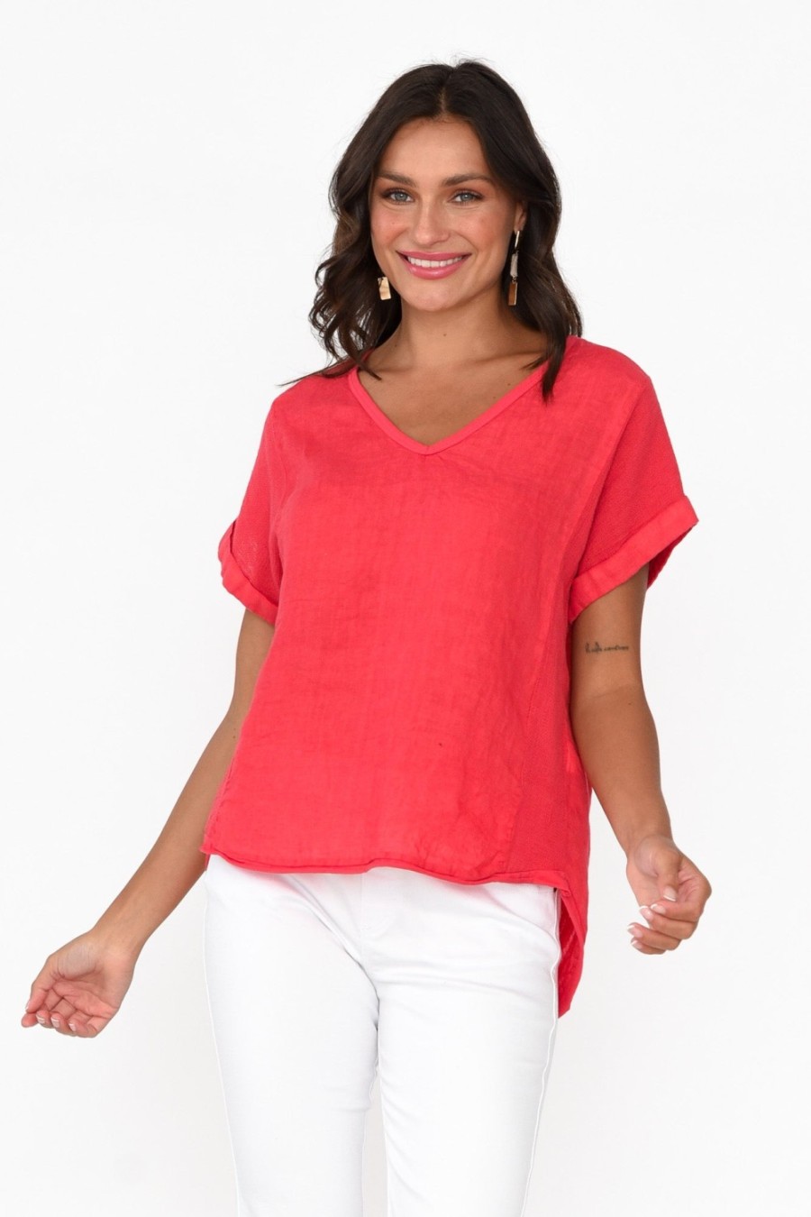 Clothing La Strada Sleeved Tops | Dorian Red Linen Cotton Top