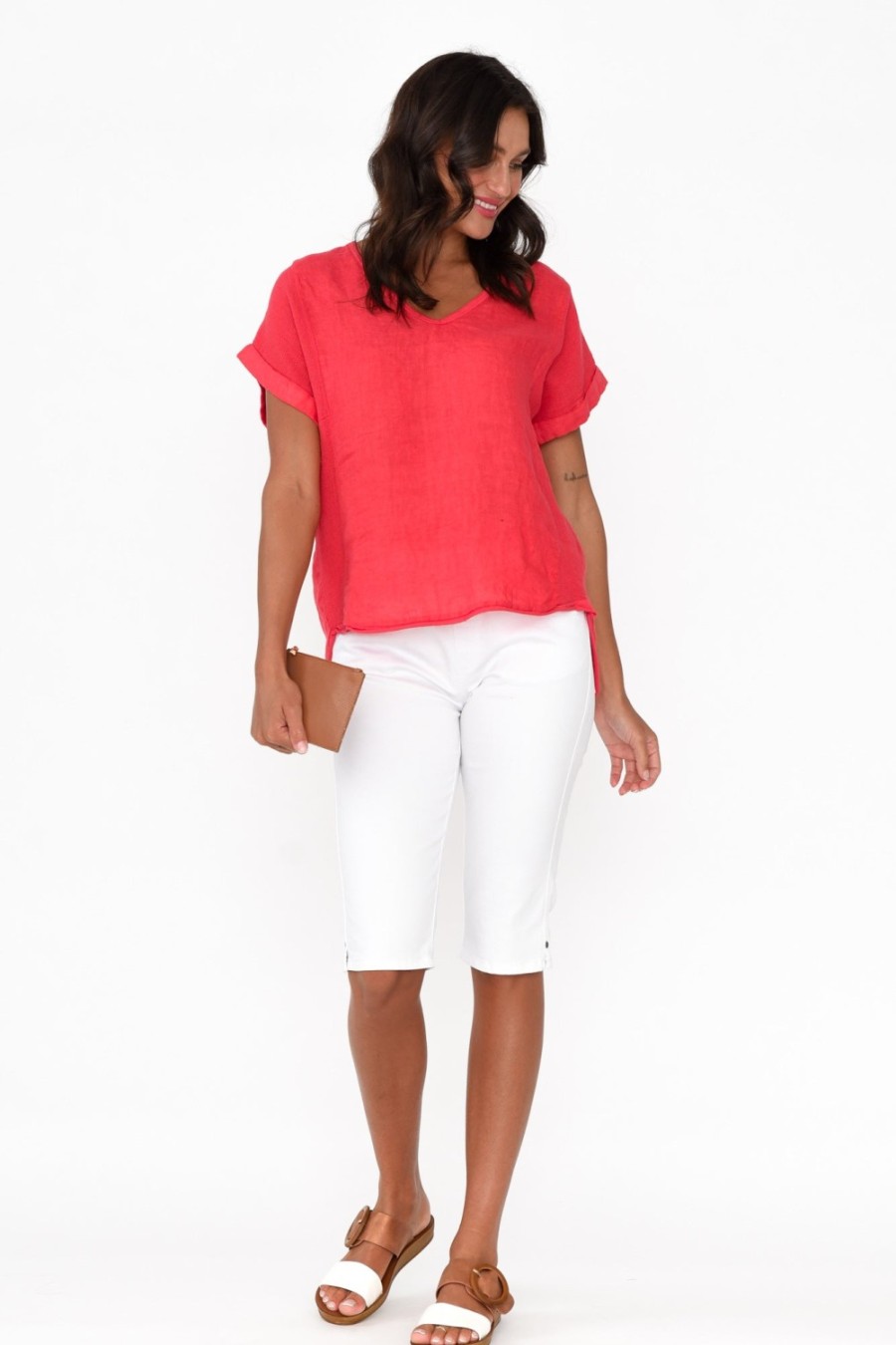 Clothing La Strada Sleeved Tops | Dorian Red Linen Cotton Top