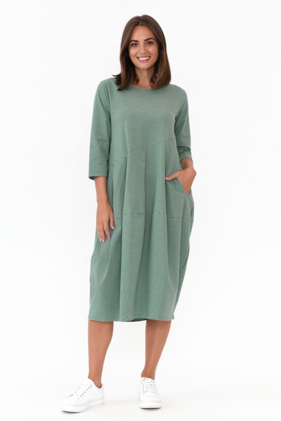 Clothing Tirelli Cotton Dresses | Tatum Green Stripe Cotton Diagonal Dress