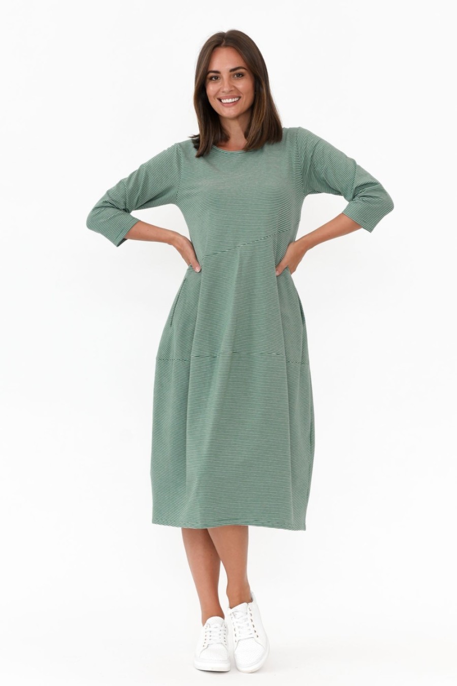 Clothing Tirelli Cotton Dresses | Tatum Green Stripe Cotton Diagonal Dress