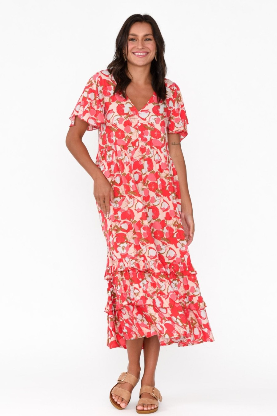 Clothing New U Collection Midi Dresses | Akira Red Bloom Button Tier Dress