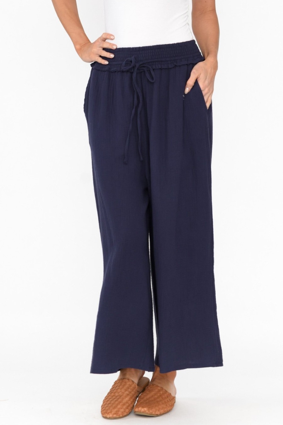 Clothing Cali and Co Pants | Gabby Navy Cotton Wide Leg Pant