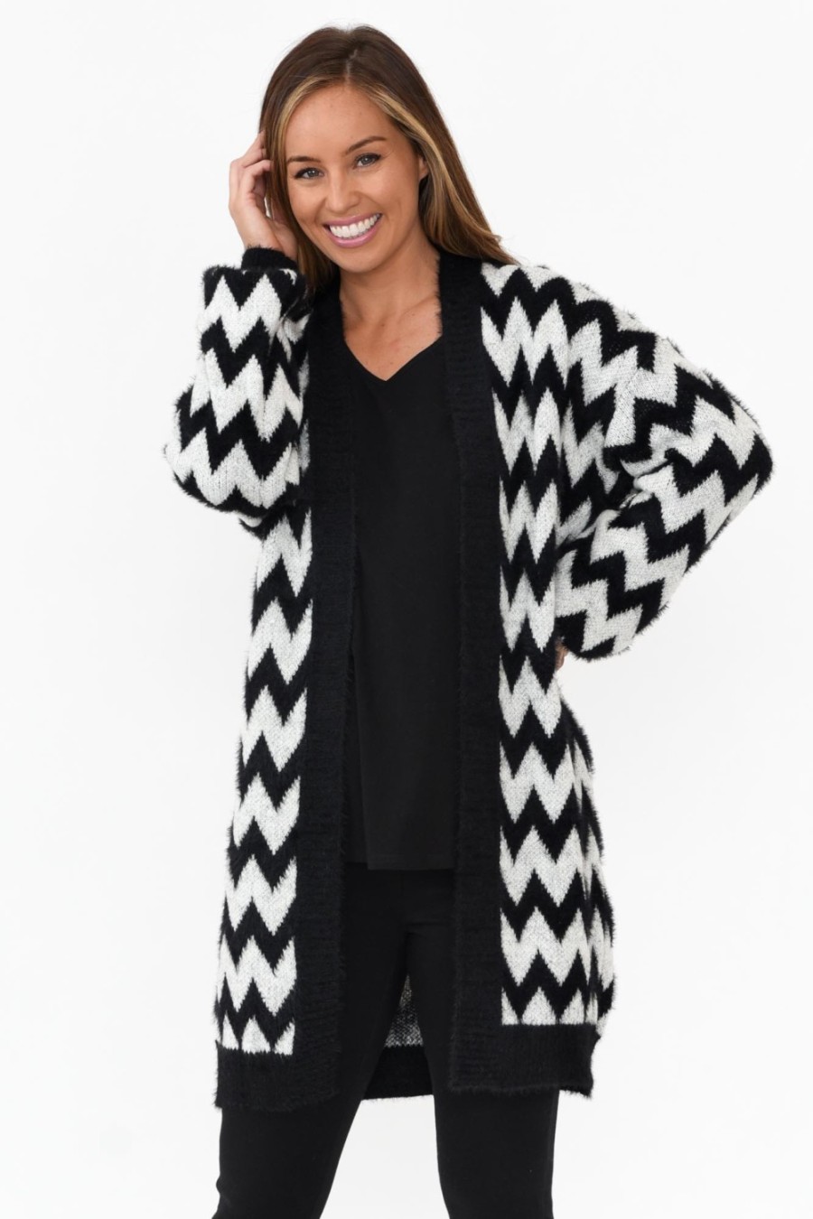 Clothing Isabella Boho Cardigans | Stacey Black Chevron Long Cardigan