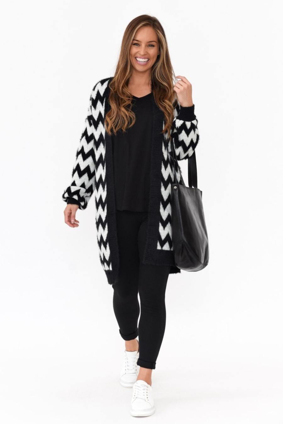 Clothing Isabella Boho Cardigans | Stacey Black Chevron Long Cardigan